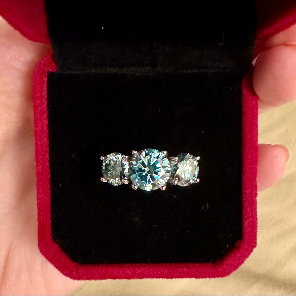 Certified 4cttw 3-Stone Blue-Green Moissanite Ring